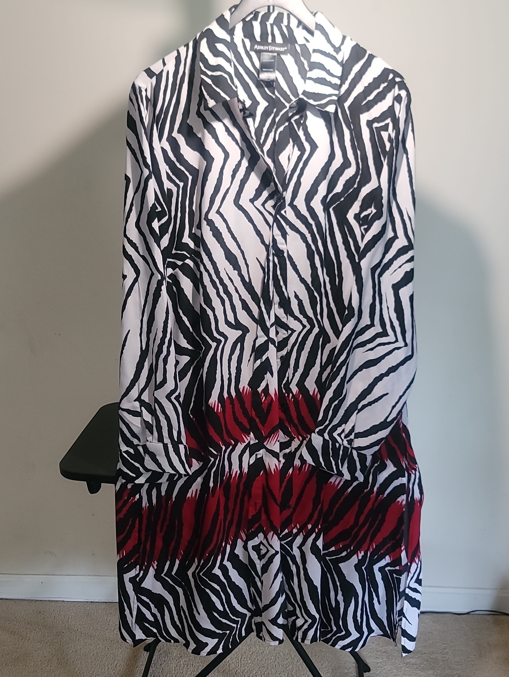 Ashley Stewart Black, White & Red Zebra-Print Button Front Tunic